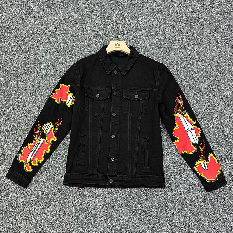 Flame Printed Slim Fit Denim Jacket for Men