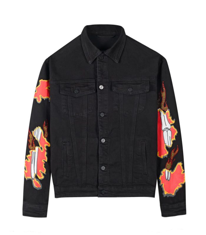 Men's slim fit printed denim jackets with rhinestone embellishments