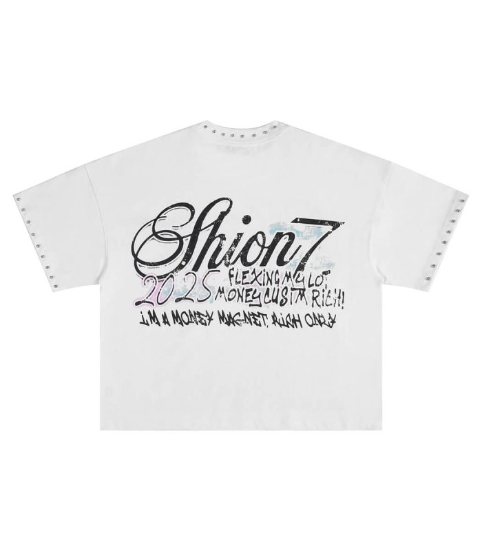 Oversized fit printed t-shirts with big rhinestone embellishment