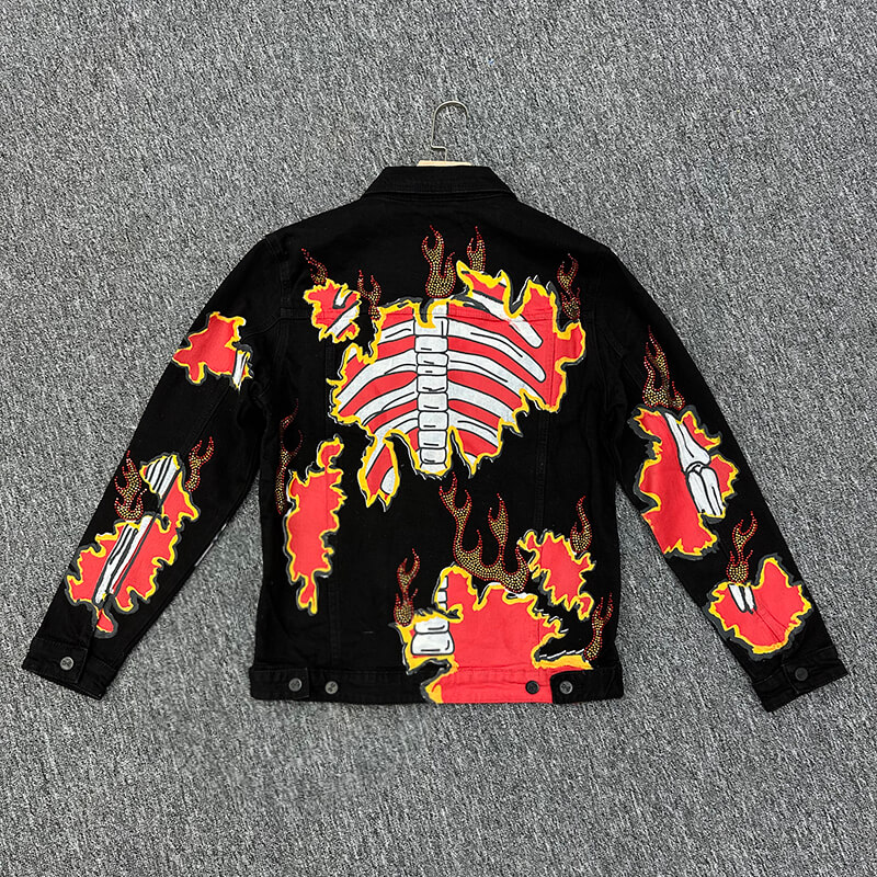 printed black denim jacket