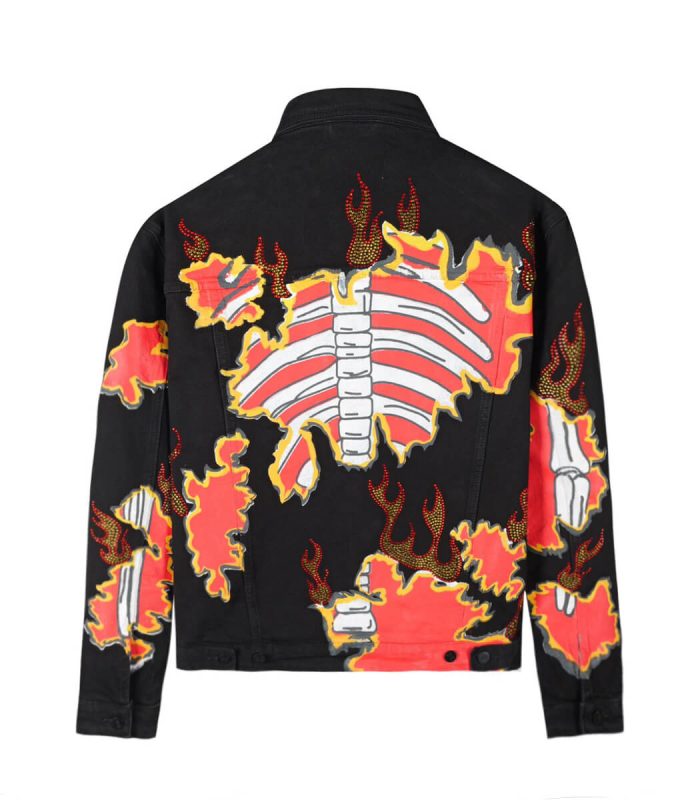 skull printed black denim jackets with flame rhinestone embellishment