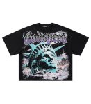 Black oversized t-shirt featuring a graphic design of the Statue of Liberty and urban elements.