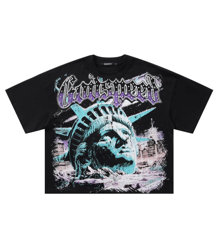 Black oversized t-shirt featuring a graphic design of the Statue of Liberty and urban elements.