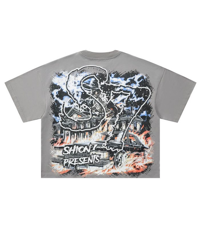 Men's t-shirt featuring a graphic design of a skull wearing a hat, with a cigarette in its mouth.