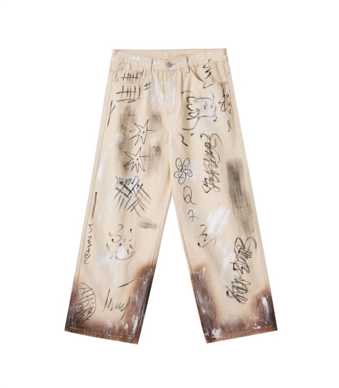 Cream Denim Jeans With Graffiti Paint