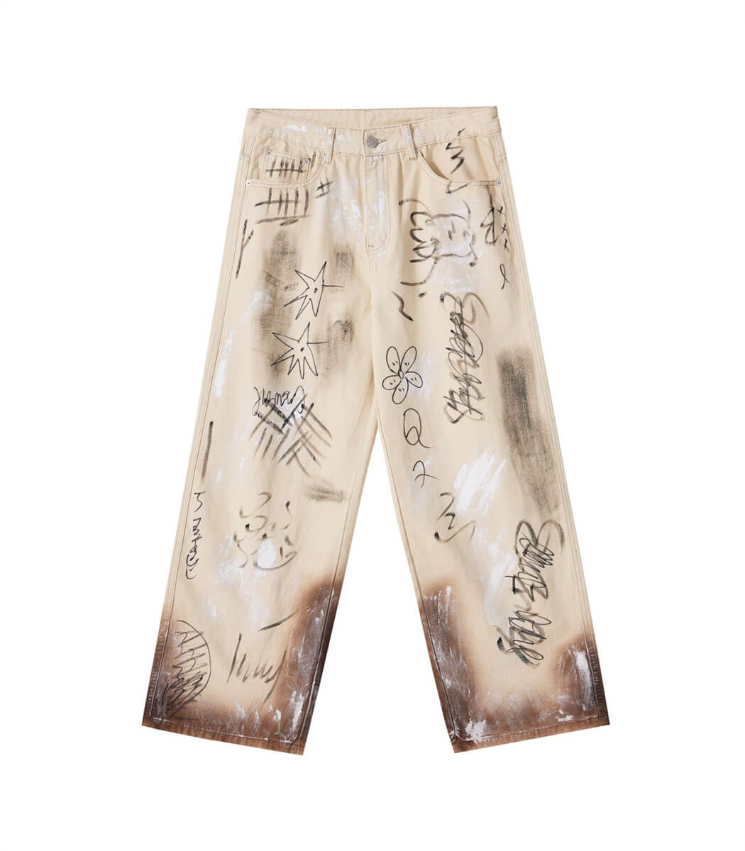 Cream Denim Jeans With Graffiti Paint Cream Denim Jeans With Graffiti Paint