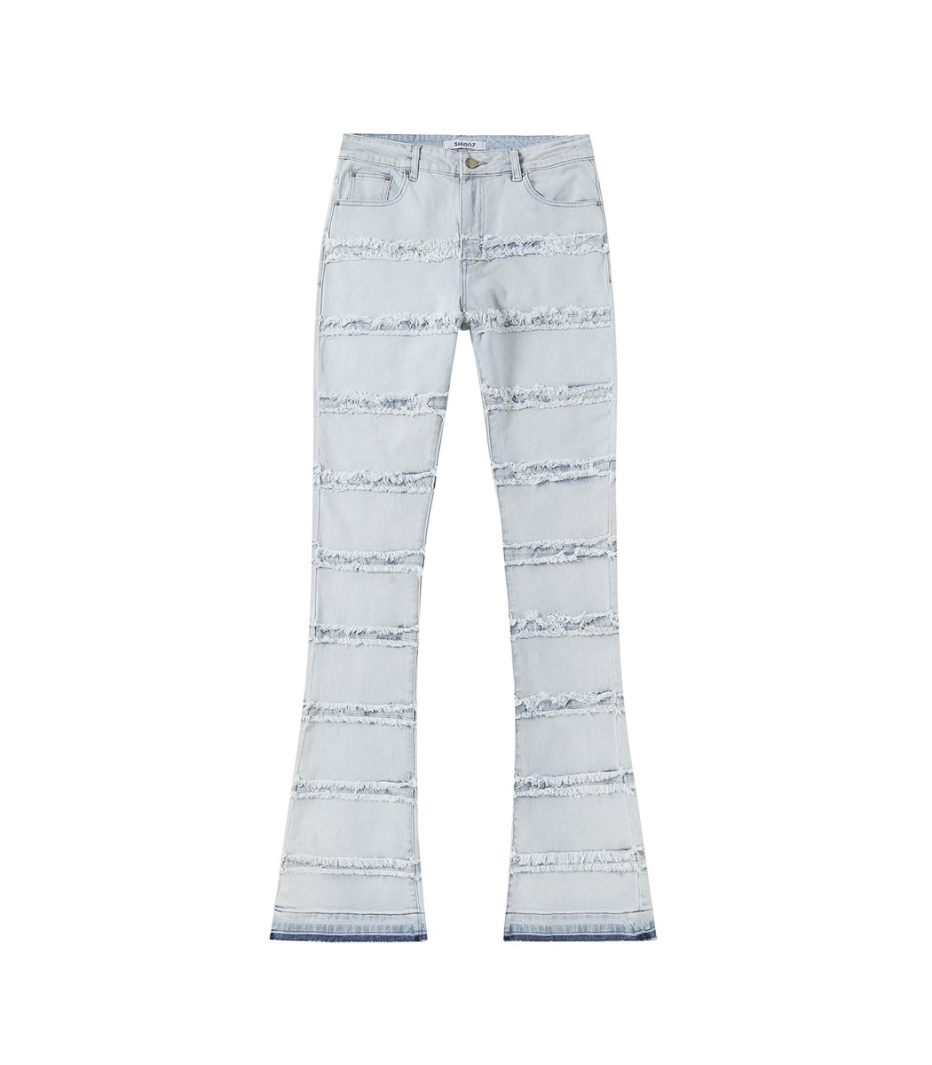 Fashionable-stacked-jeans.jpg Light Blue Wash Bell Bottom Stacked Jeans - Image 1