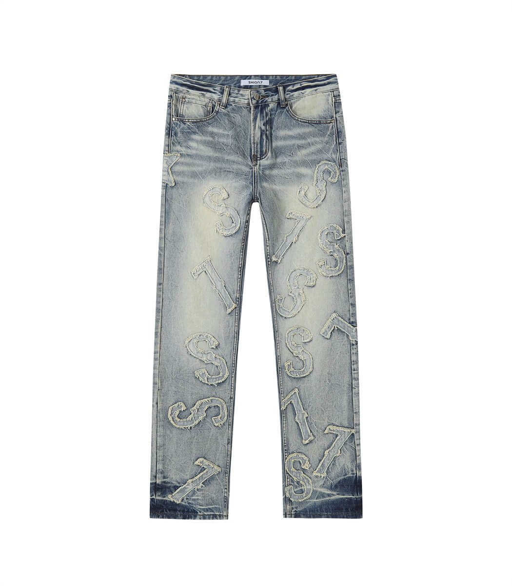 Patched-denim-jeans.jpg Vintage Blue Patchwork Men's Jeans - Image 1