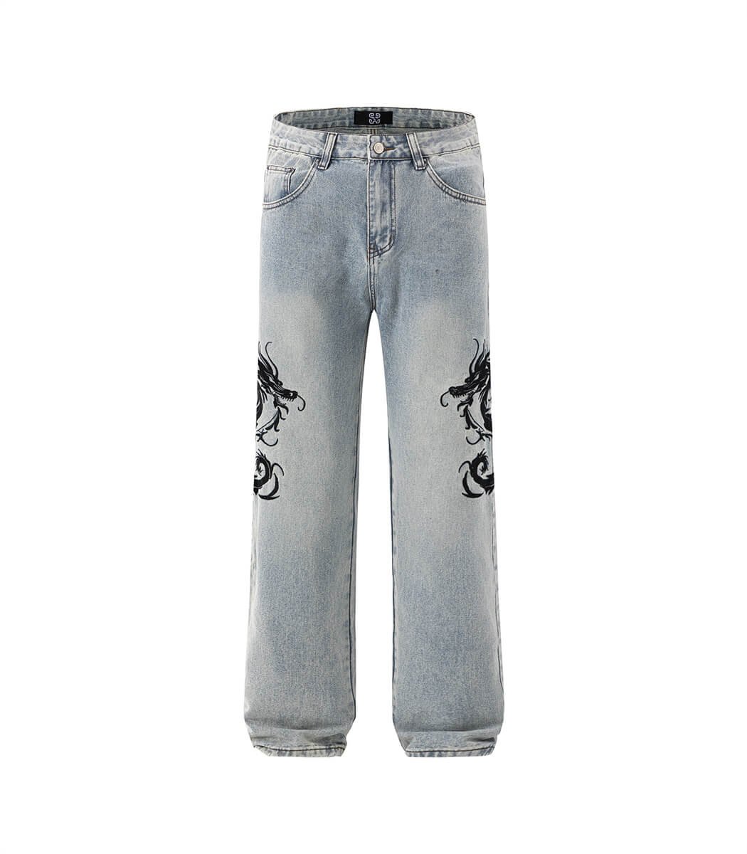 Side-embroidery-jeans.jpg Light Wash Dragon Embroidered Jeans For Men - Image 1