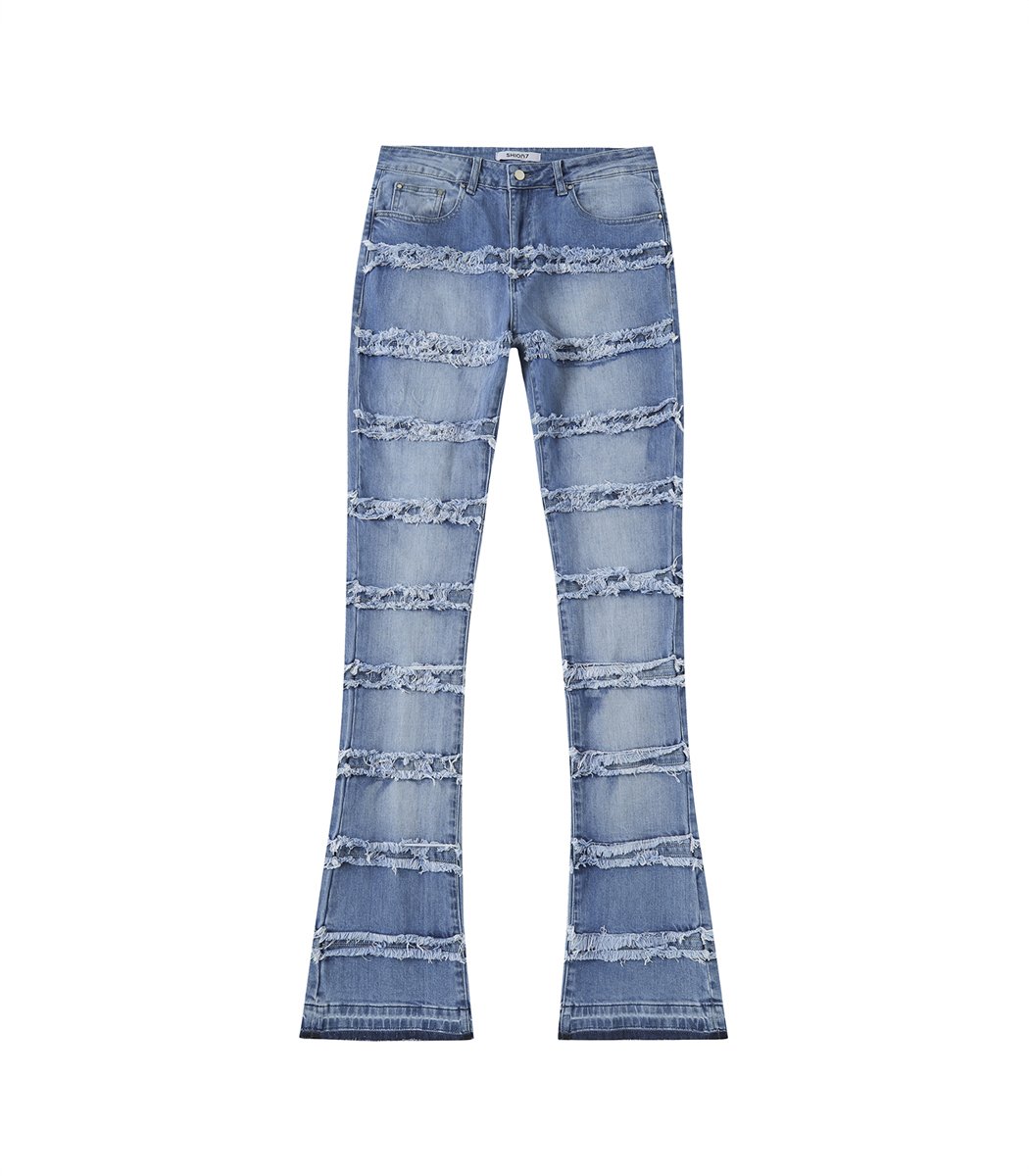 Stacked-Jeans-For-Men.jpg Medium Blue Frayed Details Flared Denim Pant - Image 1