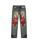 Relaxed Fit Vintage Jeans With Flame Embellishment