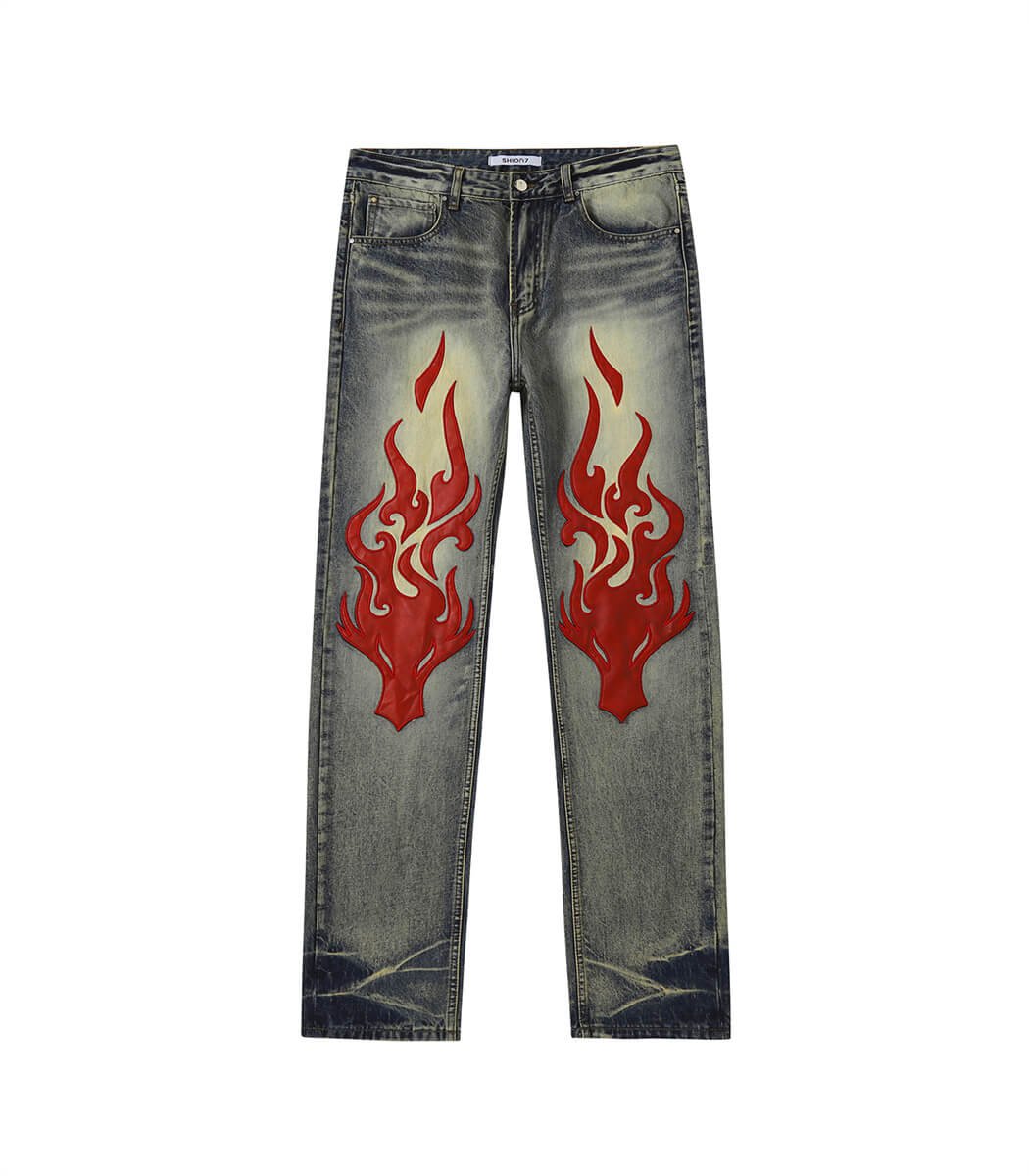 Vintage-Blue-Flame-Patched-Denim-Jeans.jpg Relaxed Fit Vintage Jeans With Flame Embellishment - Image 1