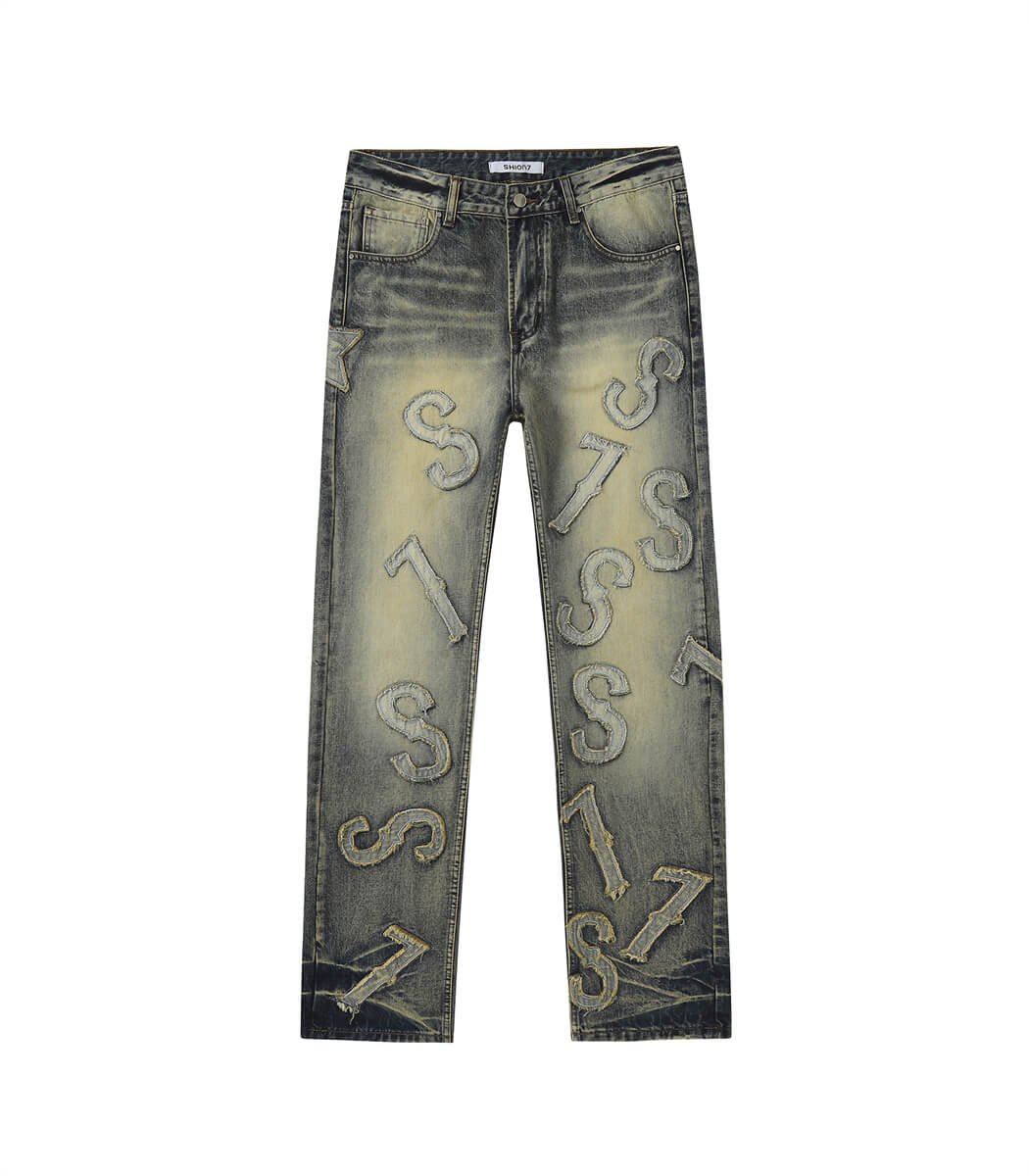 Vintage-blue-patched-jeans.jpg Letter Patched Vintage Blue Denim Jeans - Image 1