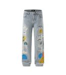Men's Light Blue Loose Fit Printed Jeans