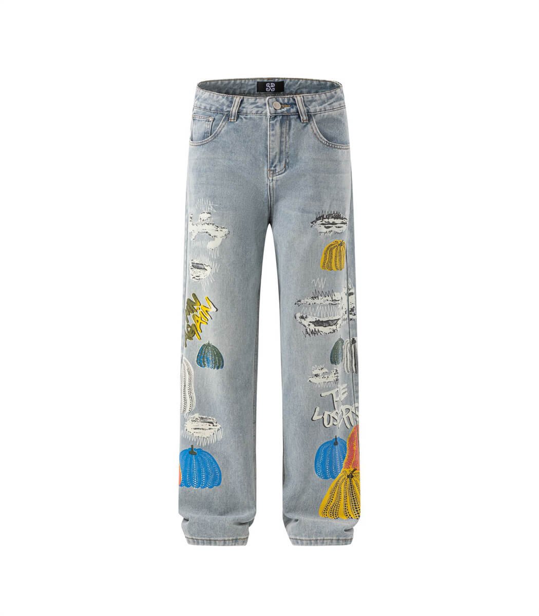 baggy-straight-jeans-for-men.jpg Men's Light Blue Loose Fit Printed Jeans - Image 1