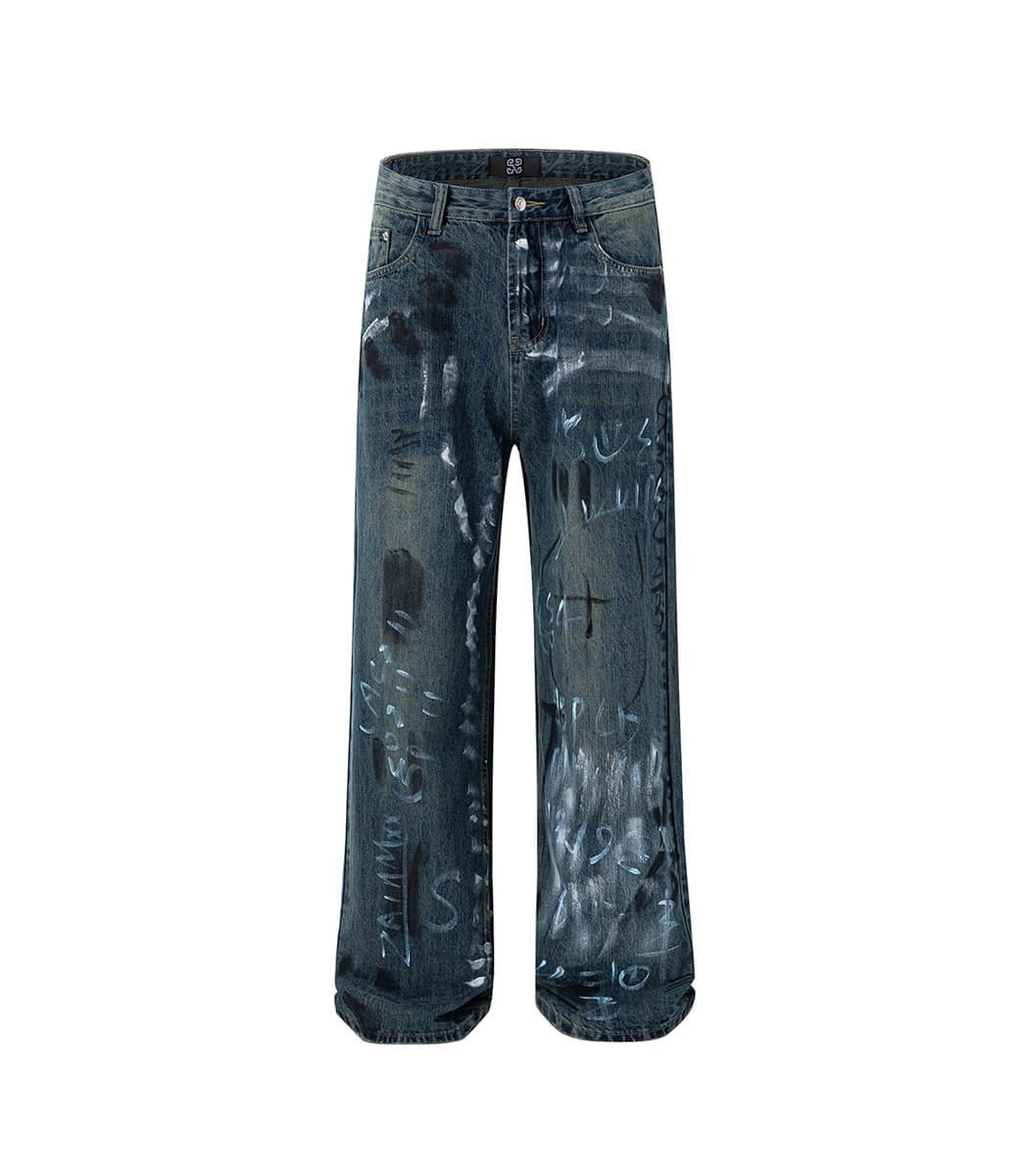 mens-hand-painted-jeans-baggy-fit.jpg Dark Blue Baggy Fit Graffiti Jeans For Men - Image 1