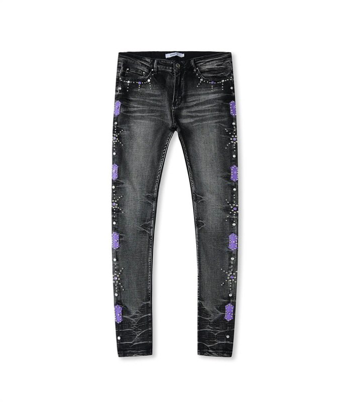 Patchwork and studded rhinestone Crafted jeans
