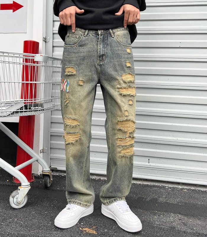 Ripped vintage blue denim pants