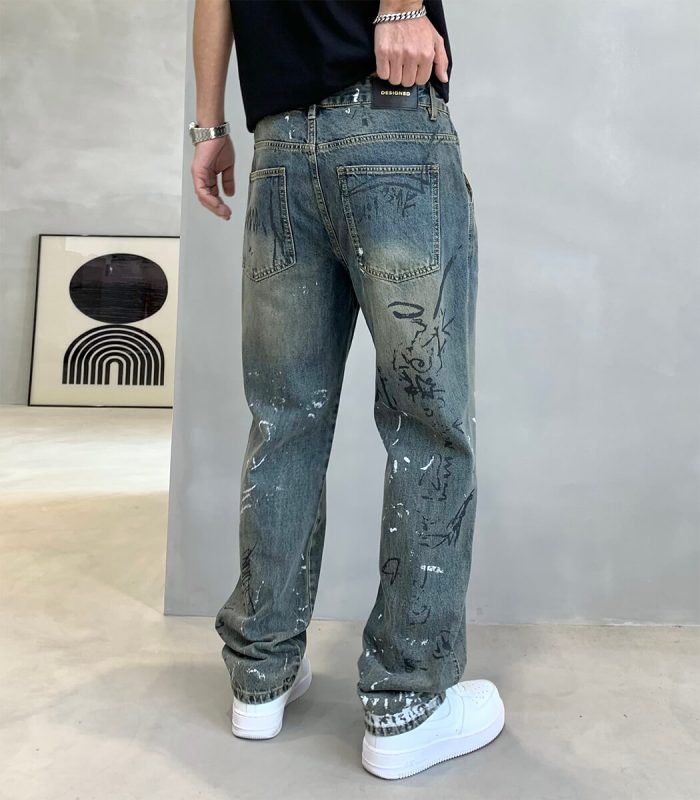Vintage blue denim jeans with hand paint