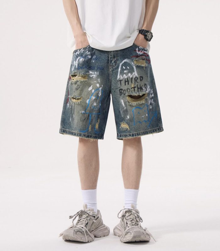 Dark blue hand painted denim shorts