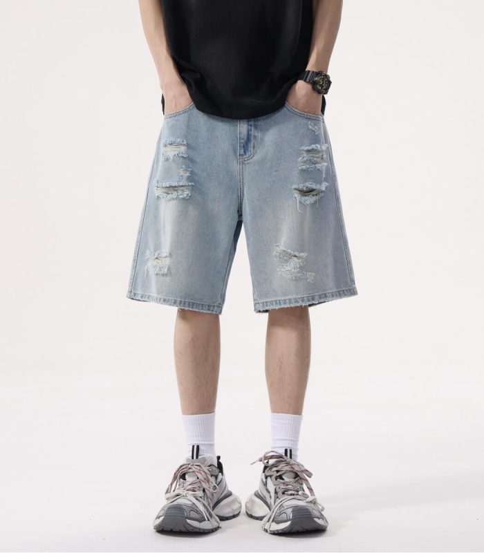 Ripped baggy jean shorts for men