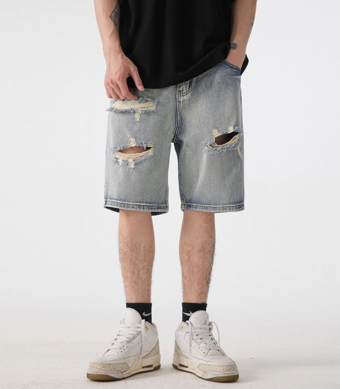 Ripped hole oversized denim shorts men's