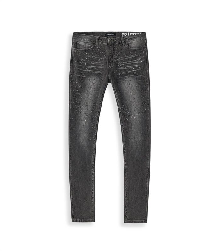 Pair of grey jeans for men featuring a slim fit and distressed detailing.