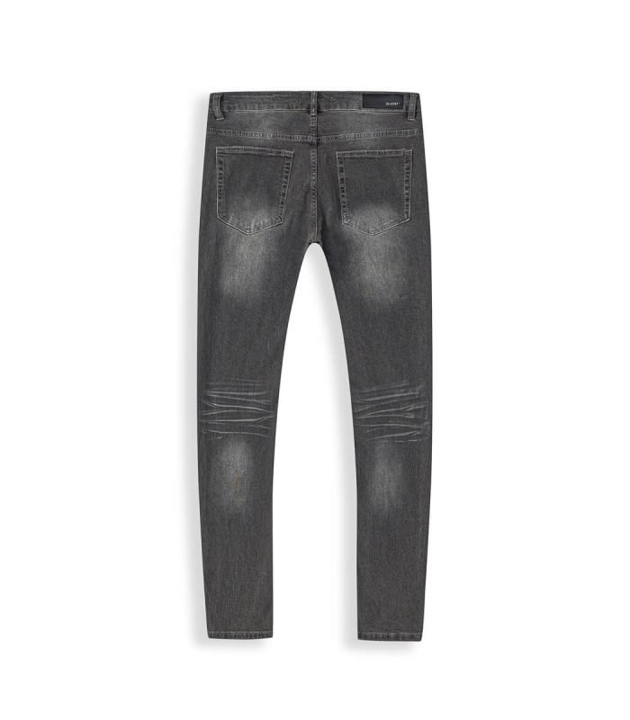 Back view of gray skinny jeans with rhinestone detailing on the pockets.