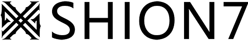 Set in black, the SHION7 logo pairs a geometric emblem with thin outlined lettering, creating a modern urban fashion identity for streetwear branding.